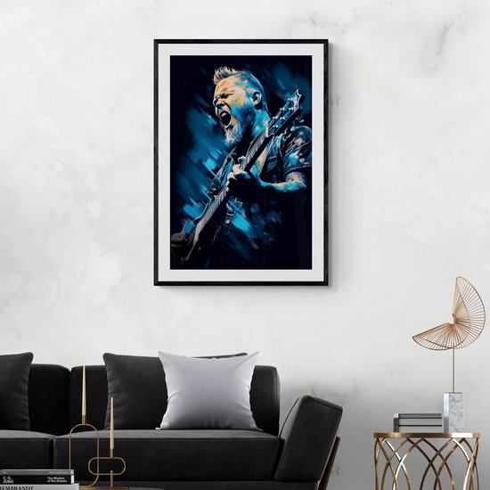 Portrait abstrait de James Hetfield de Metallica jouant de la guitare, avec des tons bleus et jaunes sur fond blanc.