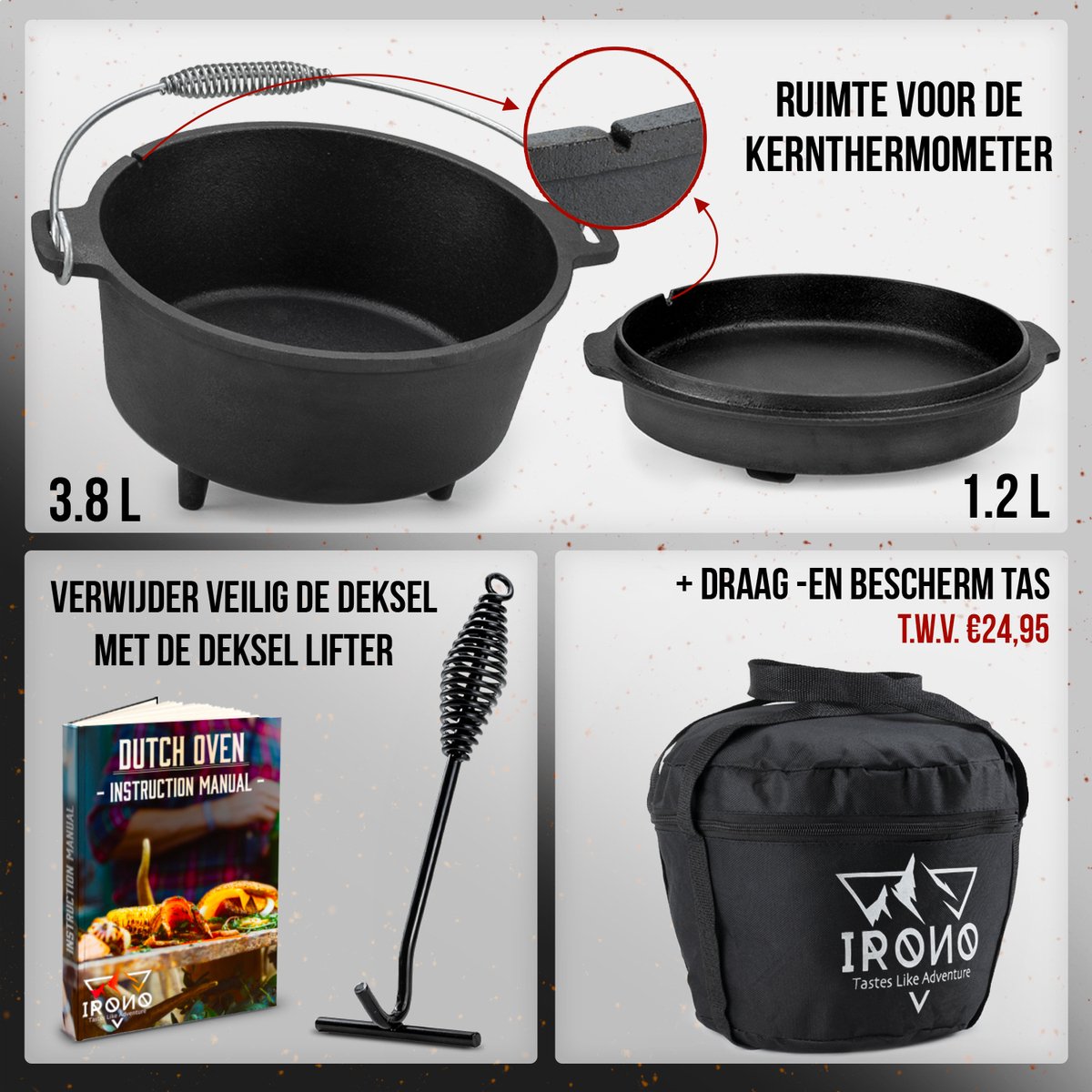 Dutch Oven Set - Gietijzeren Vuurpan 7,5 L met RVS Onderzetter
