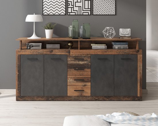 Meubella - Dressoir Lavina - Old wood - Antraciet - 190 cm