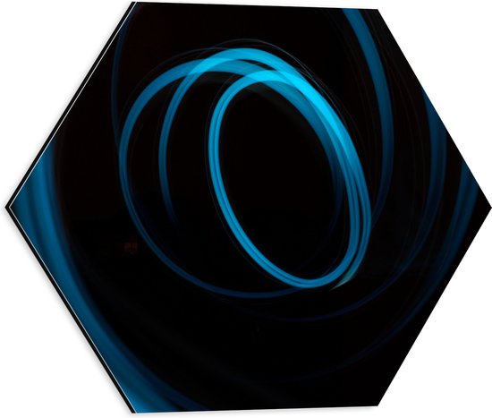 Dibond Hexagon - Willekeurige Blauwe Cirkels in Donkere Omgeving - 40x34.8 cm Foto op Hexagon (Met Ophangsysteem)