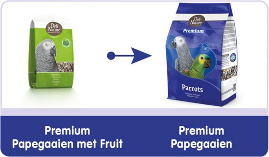 Verpakking met papegaaienvoer met fruit, voorheen Premium, nu ook Premium.