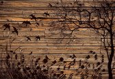 Fotobehang Tree Birds Wooden Board | XXL - 312cm x 219cm | 130g/m2 Vlies