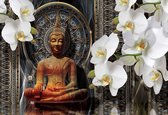 Fotobehang Buddha Zen Flowers Orchids Mandala | XL - 208cm x 146cm | 130g/m2 Vlies