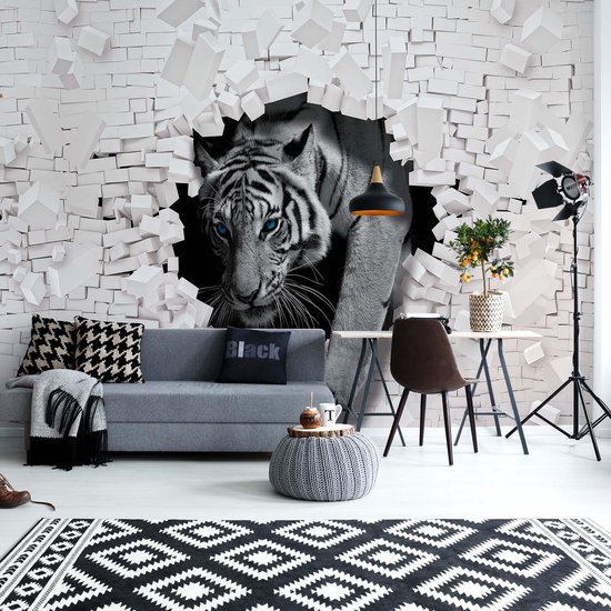 Fotobehang Tiger 3D Hole In Brick Wall | VEA - 206cm x 275cm | 130gr/m2 Vlies