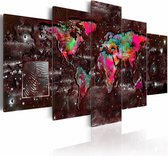 Schilderij - Kleurrijke extravagantie - Wereldkaart , multi kleur , 5 luik