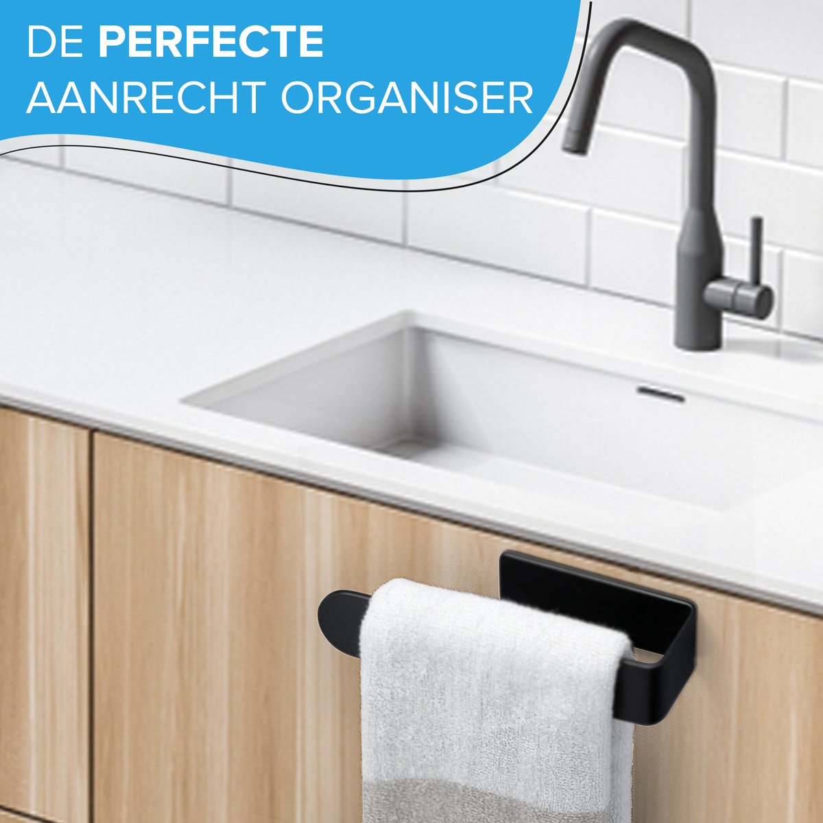 HGMD Vaatdoekhouder - Aanrecht organiser - Gootsteen organizer - Zwart - Zelfklevend - RVS - Inclusief 3M plaksticker — afbeelding 4