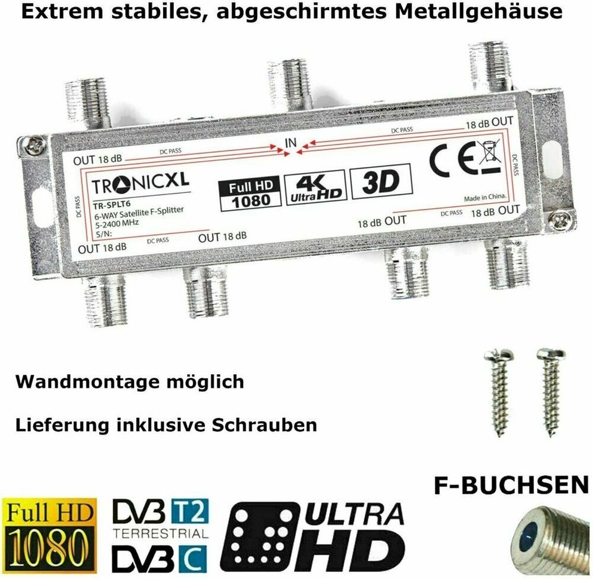 TronicXL Premium 2-voudige antenneverdeler splitter met 40dB (2 x 20dB) satellietversterker digitaal HD I voor satelliet TV DVBT DVBS Unicable 3D 4K HDTV I verdeler zachte inline voor 2 tv's