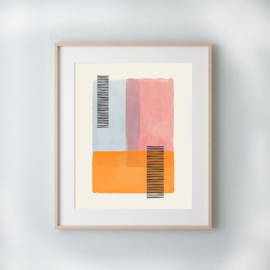 Postercity - Poster Abstract gekleurde kunst met lijnen oranje roze blauw - Abstracte Kunst - 70x50cm