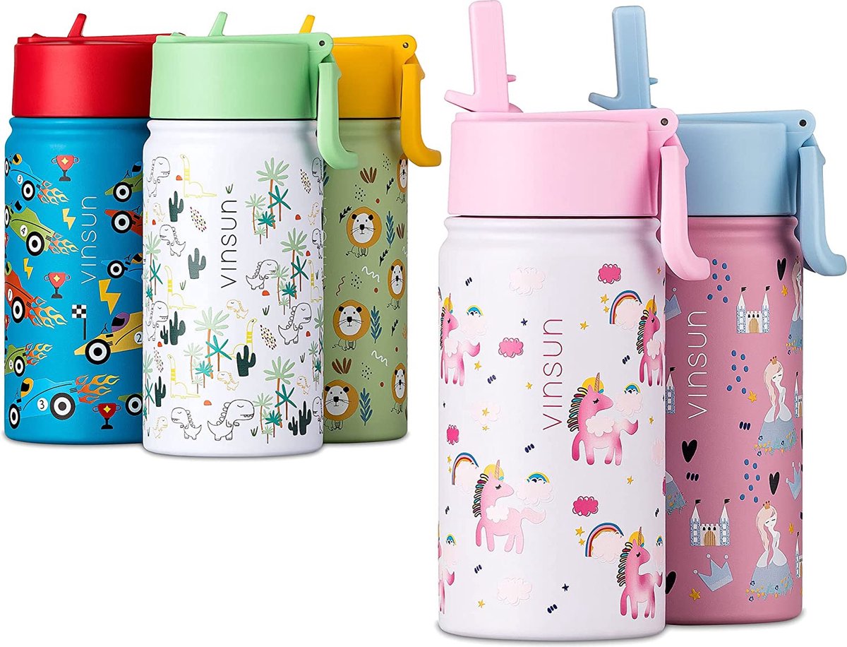 Vinsun Gourde Enfant avec Unicorn 350 ml avec Paille - Acier Inoxydable, Sans  BPA