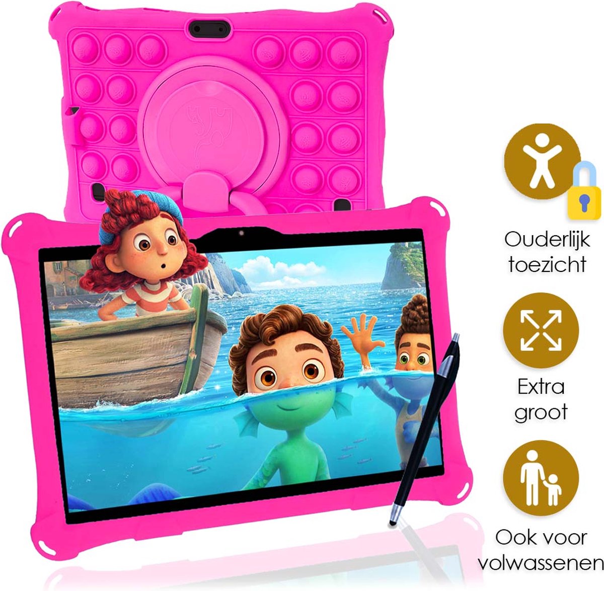 AngelTech Kindertablet XL PRO I – 100%Kidsproof– Extra Groot – Kinder tablet - Ook Voor Volwassen Gebruik – 10 inch - Ouderlijk toezicht – 360­° Verstelbare Fidgy beschermhoes - 32GB – Roze of Blauw