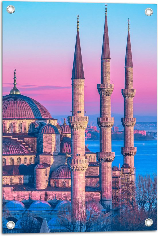 Tuinposter – Sultan Ahmetmoskee in Istanbul met Roze Blauwe Lucht - 40x60 cm Foto op Tuinposter (wanddecoratie voor buiten en binnen)