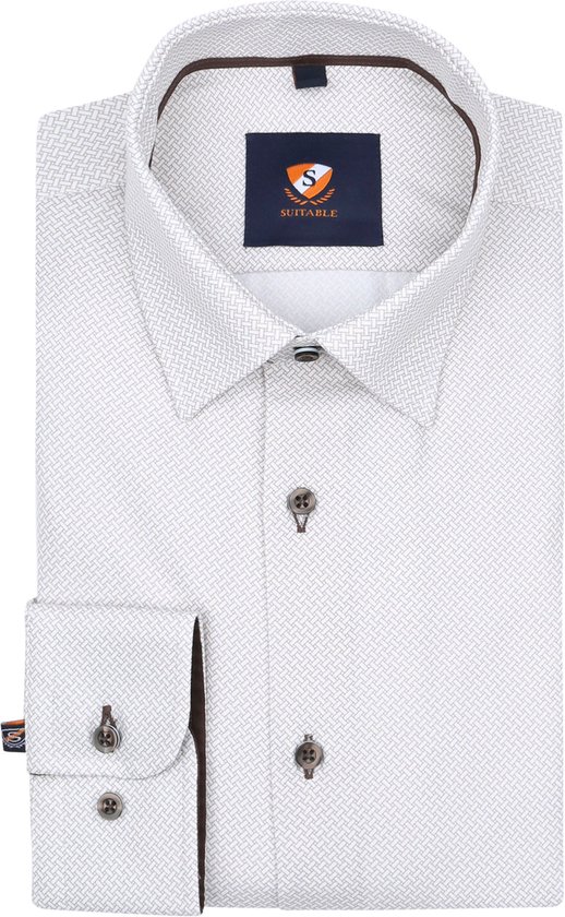 Suitable - Overhemd 261-5 Beige Print - Heren - Maat 42 - Slim-fit