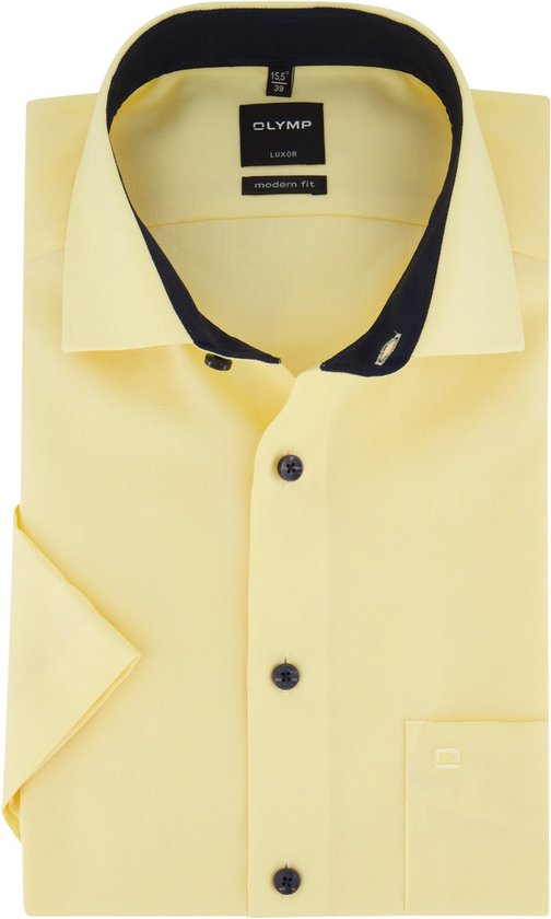 OLYMP Luxor modern fit overhemd - korte mouw - geel structuur (contrast) - Strijkvrij - Boordmaat: 39