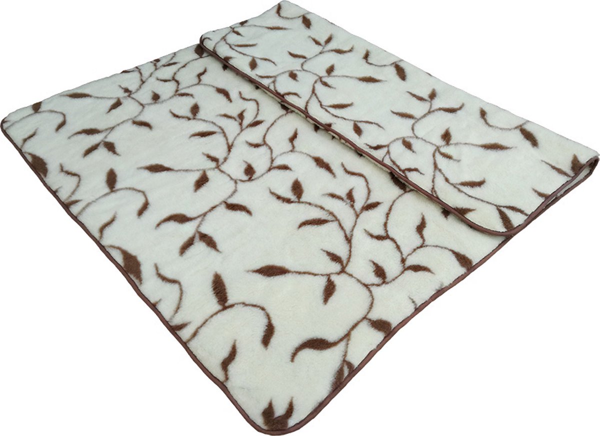 OnceDoce® Wollen Deken 200x200cm 100% zuivere Australische Merino scheerwol OnceDoce® 480 g/m² Woolmark-certificaat – Warm Ademend Zacht – Wasbaar – Ivy Leaves – Crème Bruin