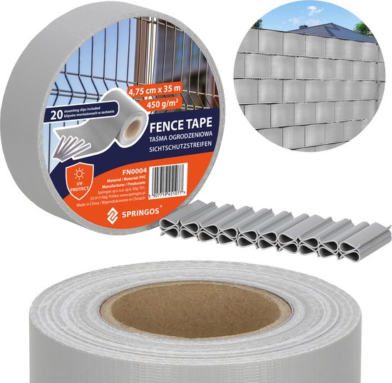 Rol grijze vlechtband met de tekst 'FENCE TAPE' en '20 mounting clips included'.