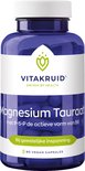 Blauwe pot met witte dop, gevuld met blauwe capsules. Etiket met merk, productnaam 'Magnesium Tauraat', actieve vorm B6 en 90 vegan capsules.