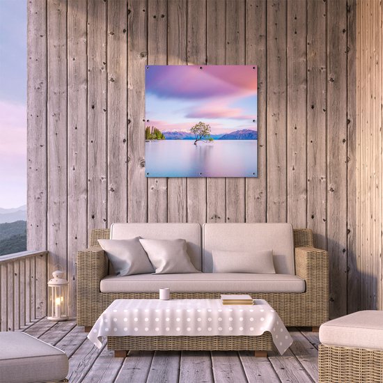 Gards Tuinposter Wanaka Boom in het Water bij Zonsopgang - 80x80 cm - Tuindoek - Tuindecoratie - Wanddecoratie buiten - Tuinschilderij