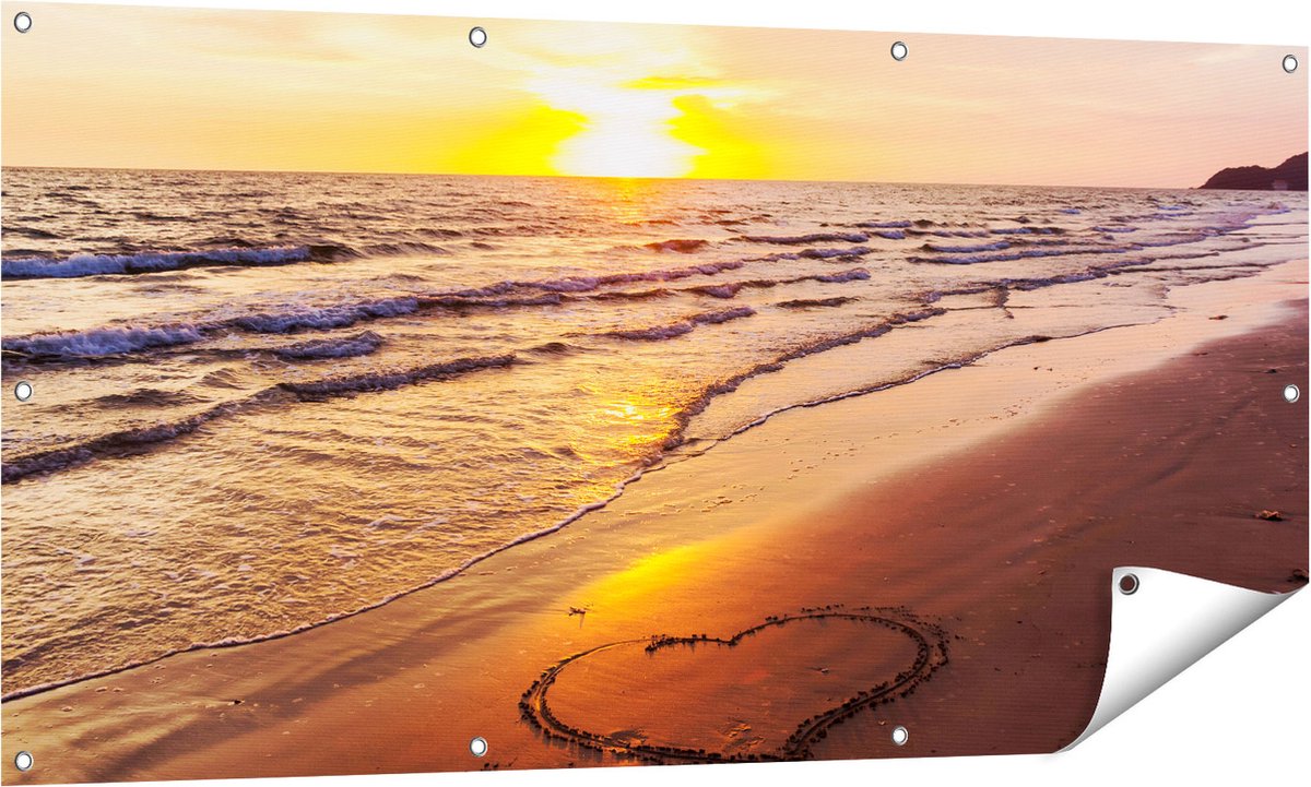 Gards Tuinposter Zonsondergang op het Strand met een Hartje - 140x70 cm - Tuindoek - Tuindecoratie - Wanddecoratie buiten - Tuinschilderij Multikleur