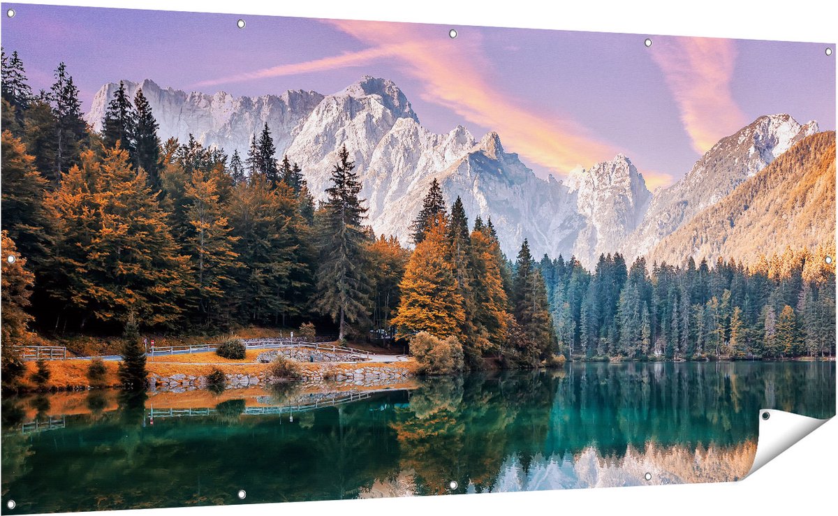 Gards Tuinposter Meer met Weerspiegeling van de Bergen - 200x100 cm - Tuindoek - Tuindecoratie - Wanddecoratie buiten - Tuinschilderij Multikleur
