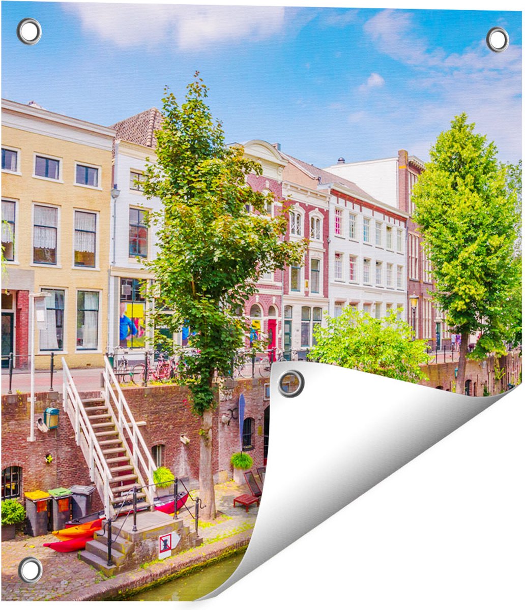 Gards Tuinposter Huisjes aan de Oudegracht in Utrecht - 40x40 cm - Tuindoek - Tuindecoratie - Wanddecoratie buiten - Tuinschilderij Multikleur