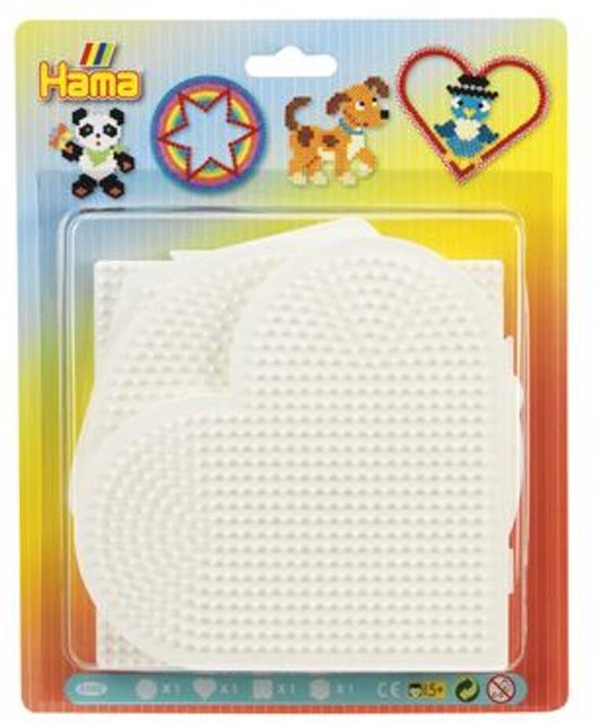 Blister Hama perles à repasser avec 4 plaques : cœurs, étoile ronde, panda, chien et oiseau dans un cœur.