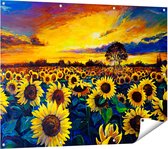 Gards Tuinposter Getekende Zonnebloemen Veld met Olieverf - 120x90 cm - Tuindoek - Tuindecoratie - Wanddecoratie buiten - Tuinschilderij