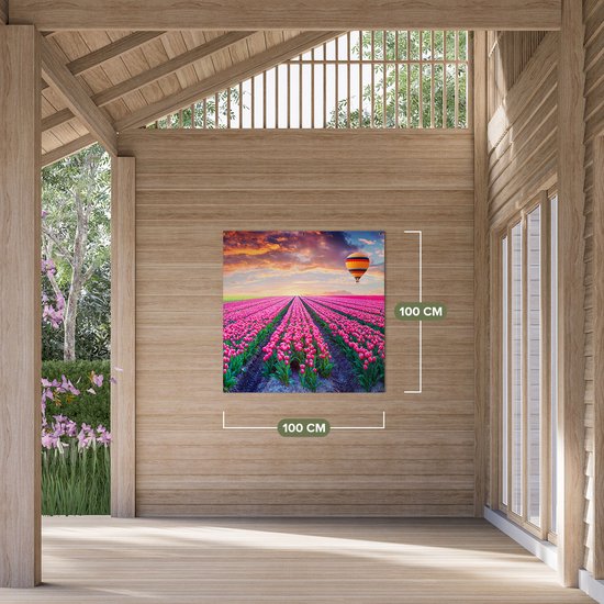 Gards Poster de Jardin Champ de Fleurs avec Tulipes Roses - Montgolfière - 100x100 cm - Toile Jardin - Décoration de jardin - Décoration murale Extérieure - Tableau Jardin