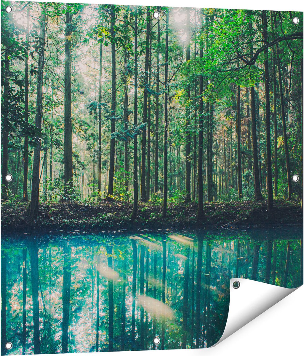 Gards Tuinposter Bos bij een Groen Meer - 80x80 cm - Tuindoek - Tuindecoratie - Wanddecoratie buiten - Tuinschilderij Multikleur