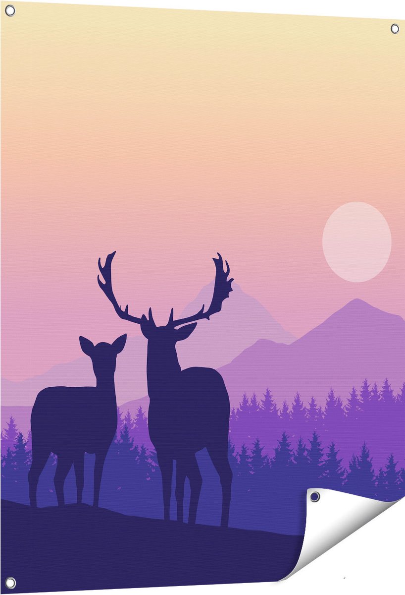 Gards Tuinposter Twee Herten - Zonsondergang - Silhouet - 80x100 cm - Tuindoek - Tuindecoratie - Wanddecoratie buiten - Tuinschilderij Multikleur