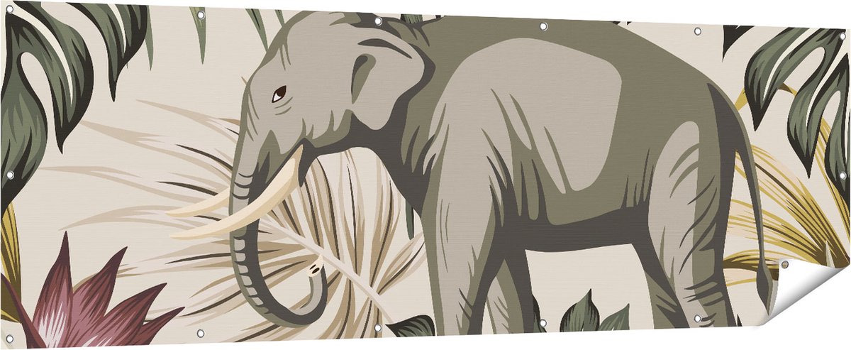 Gards Tuinposter Tropisch Getekende Olifant - Abstract - 210x70 cm - Tuindoek - Tuindecoratie - Wanddecoratie buiten - Tuinschilderij Multikleur