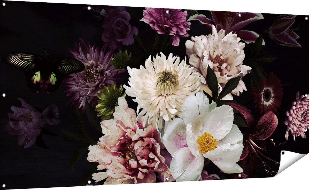 Gards Tuinposter Diverse Bloemen op Zwart Achtergrond - 200x100 cm - Tuindoek - Tuindecoratie - Wanddecoratie buiten - Tuinschilderij Multikleur