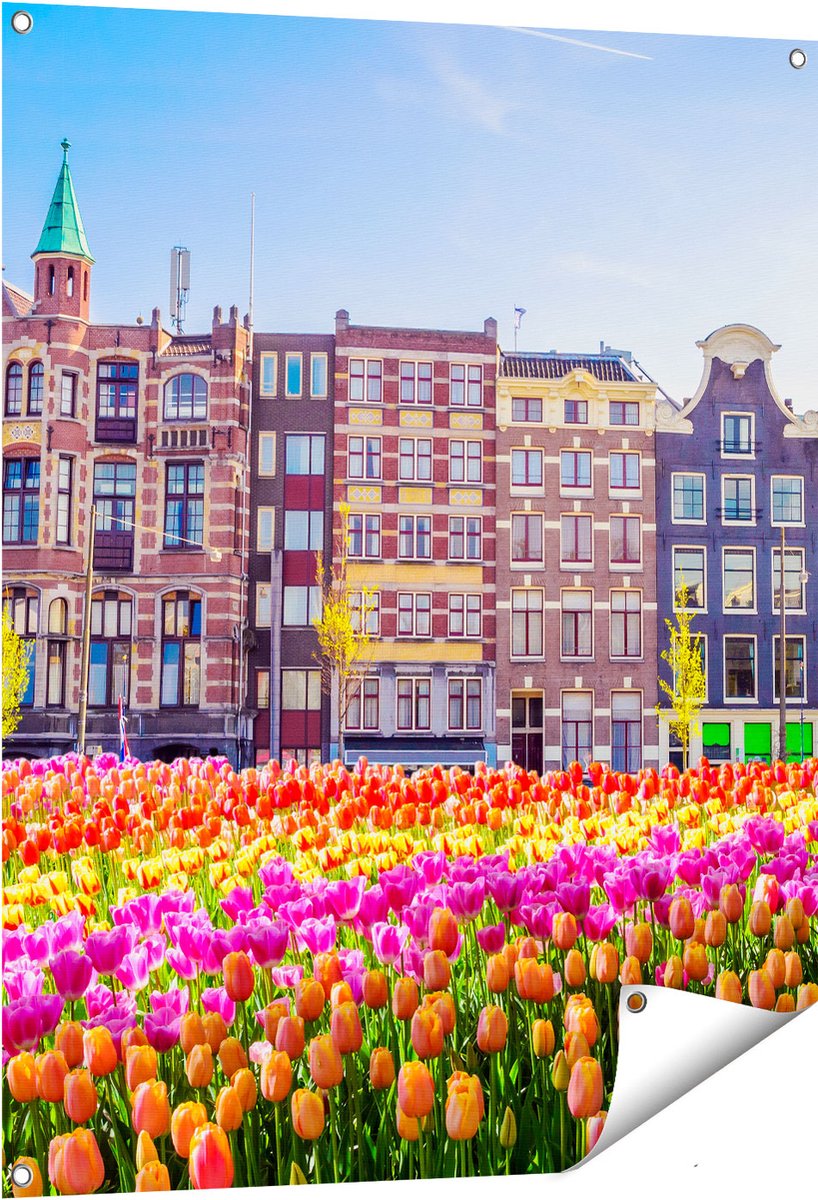 Gards Tuinposter Amsterdamse Huisjes met Tulpen - Kleur - 80x100 cm - Tuindoek - Tuindecoratie - Wanddecoratie buiten - Tuinschilderij Multikleur