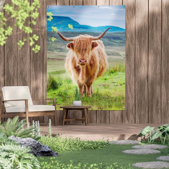 Gards Tuinposter Schotse Hooglander in de Wei - Kleur - 120x160 cm - Tuindoek - Tuindecoratie - Wanddecoratie buiten - Tuinschilderij