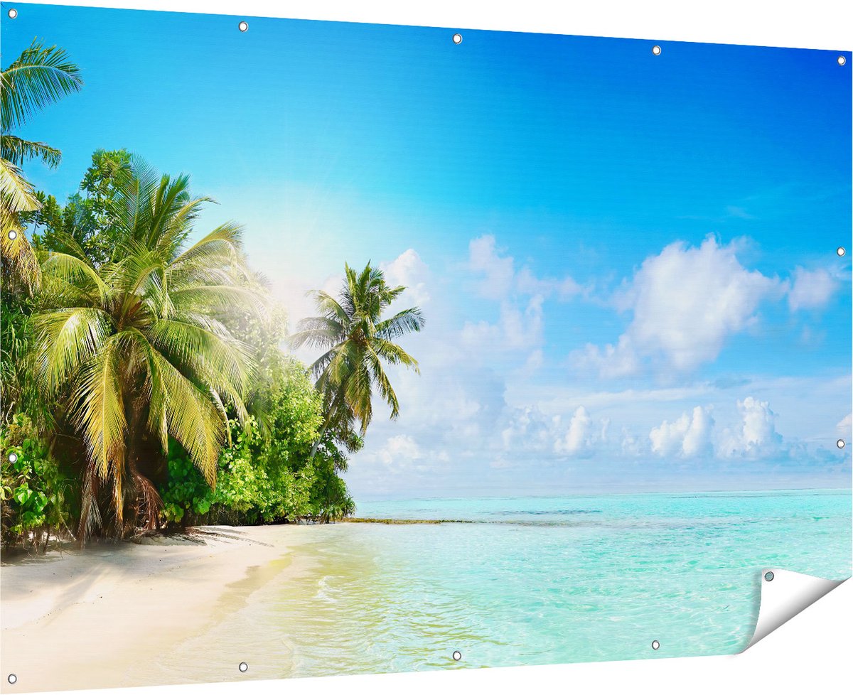 Gards Tuinposter Tropisch Strand bij de Licht Blauwe Zee - 180x120 cm - Tuindoek - Tuindecoratie - Wanddecoratie buiten - Tuinschilderij Multikleur