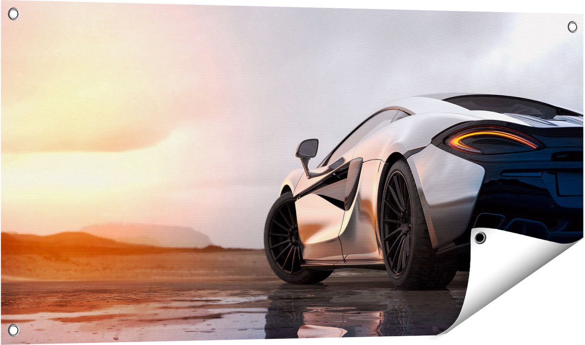 Gards Tuinposter Zilveren Sportwagen Auto bij Zonsondergang - 100x50 cm - Tuindoek - Tuindecoratie - Wanddecoratie buiten - Tuinschilderij Multikleur