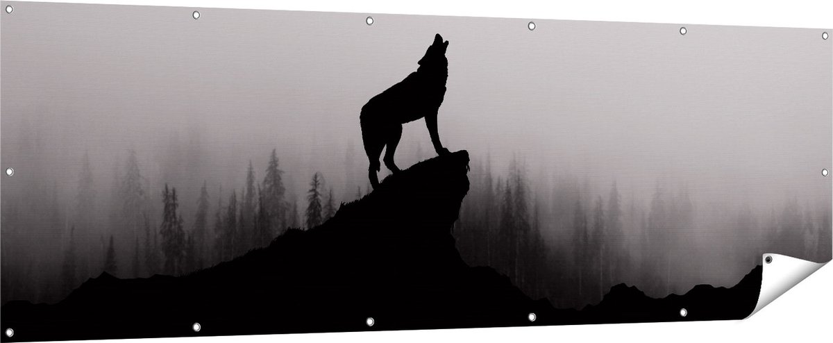 Gards Tuinposter Silhouet van een Huilende Wolf - Abstract - 210x70 cm - Tuindoek - Tuindecoratie - Wanddecoratie buiten - Tuinschilderij Multikleur