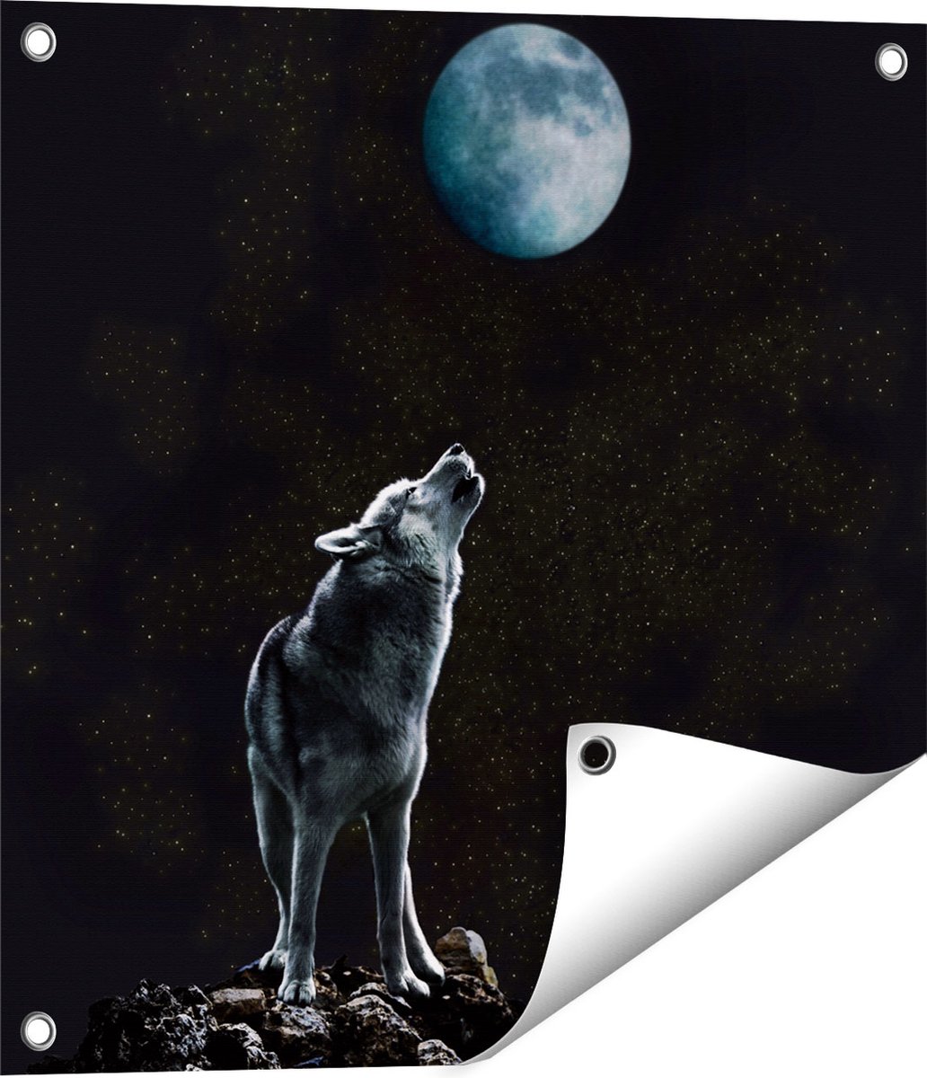 Gards Tuinposter Wolf Huilt naar de Volle Maan - 50x50 cm - Tuindoek - Tuindecoratie - Wanddecoratie buiten - Tuinschilderij Multikleur