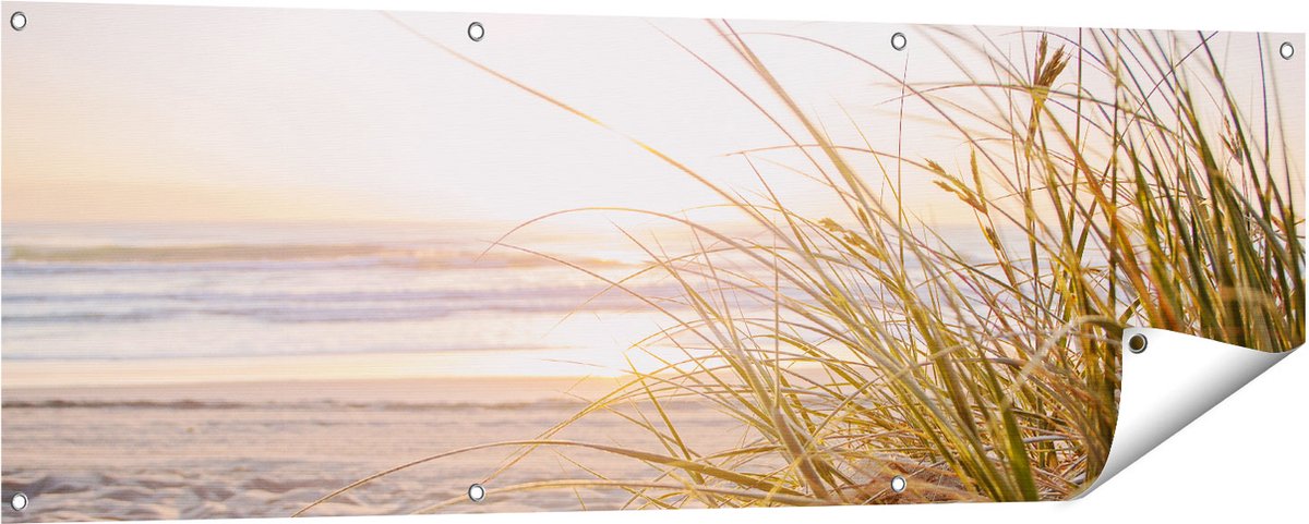Gards Tuinposter Strand en Duinen tijdens Zonsondergang - 150x50 cm - Tuindoek - Tuindecoratie - Wanddecoratie buiten - Tuinschilderij Multikleur