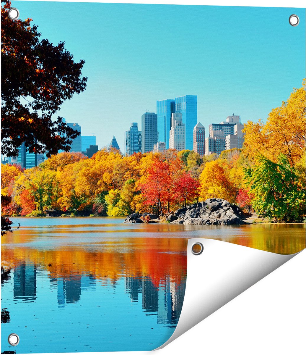 Gards Tuinposter Central Park in New York tijdens de Herfst - 50x50 cm - Tuindoek - Tuindecoratie - Wanddecoratie buiten - Tuinschilderij Multikleur