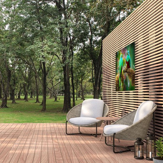 Gards Affiche de jardin Deux Vogels Quetzal verts sur une branche - 100x80 cm - Toile jardin - Décoration de jardin - Décoration murale extérieur - Tableau jardin