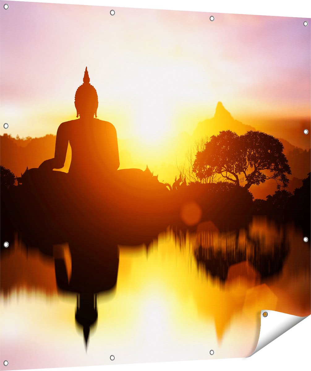 Gards Tuinposter Silhouet van Boeddha Beeld met Zonsondergang - 120x120 cm - Tuindoek - Tuindecoratie - Wanddecoratie buiten - Tuinschilderij Multikleur