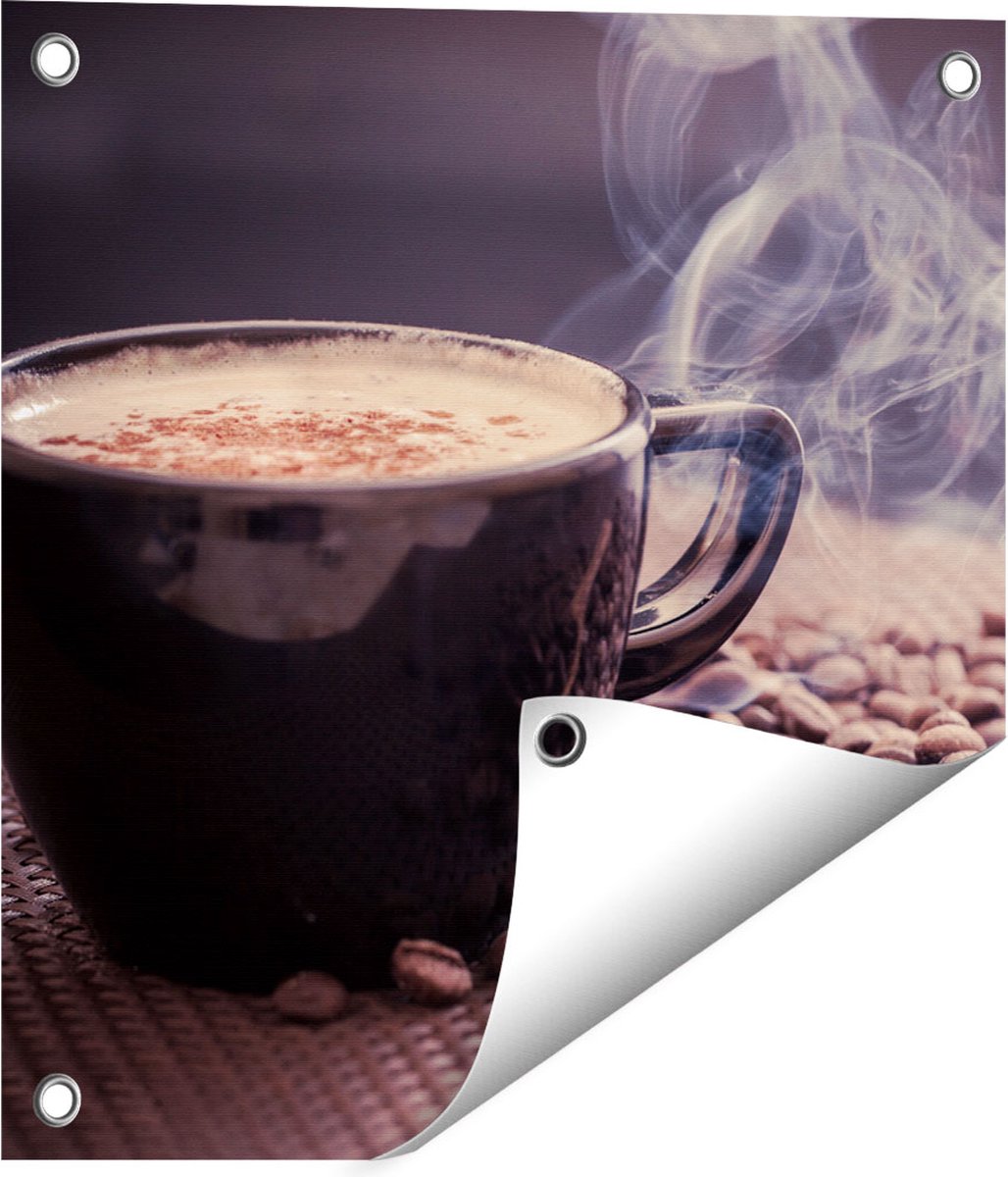 Gards Tuinposter Hete Koffie Kop met Koffiebonen - 40x40 cm - Tuindoek - Tuindecoratie - Wanddecoratie buiten - Tuinschilderij Multikleur