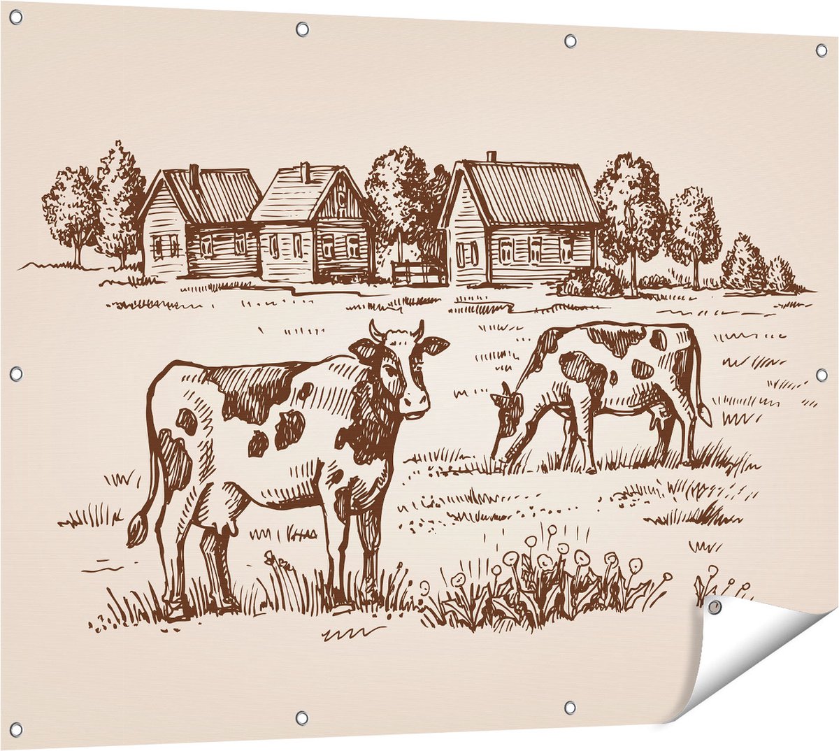 Gards Tuinposter Getekende Koeien op een Boerderij - Abstract - 120x90 cm - Tuindoek - Tuindecoratie - Wanddecoratie buiten - Tuinschilderij Multikleur