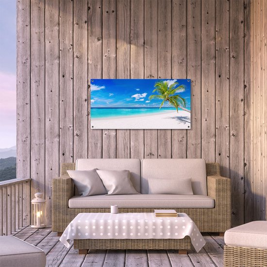 Gards Tuinposter Tropisch Strand met een Palmboom - 100x50 cm - Tuindoek - Tuindecoratie - Wanddecoratie buiten - Tuinschilderij
