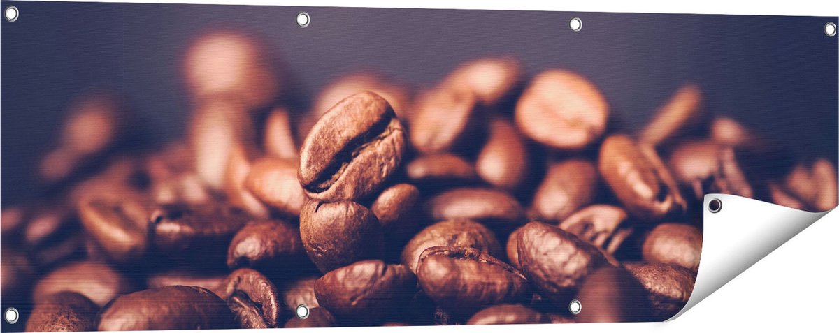 Gards Tuinposter Koffie Bonen op een Zwart Achtergrond - 120x40 cm - Tuindoek - Tuindecoratie - Wanddecoratie buiten - Tuinschilderij Multikleur