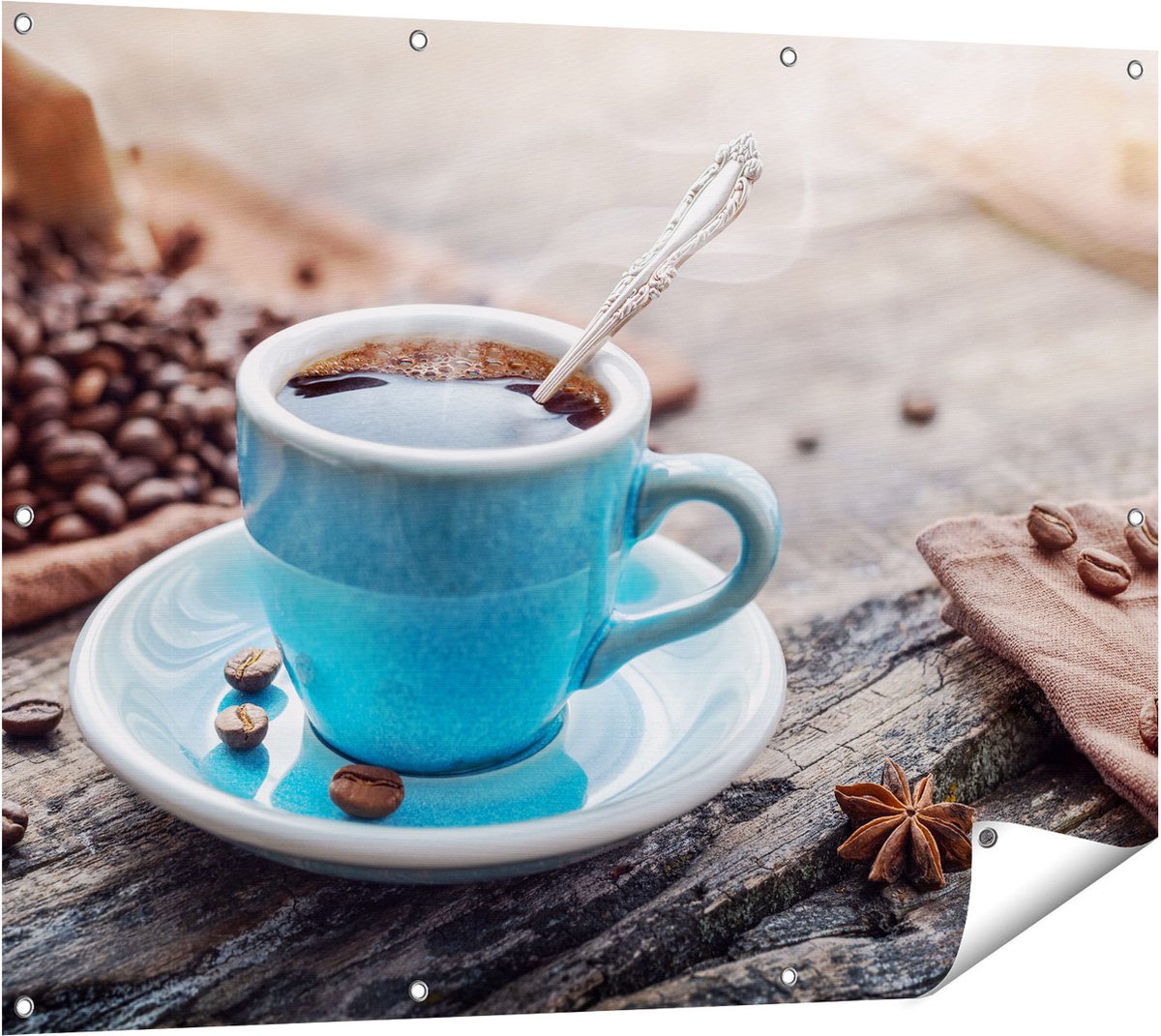 Gards Tuinposter Blauw Kopje Koffie met Koffiebonen - 120x90 cm - Tuindoek - Tuindecoratie - Wanddecoratie buiten - Tuinschilderij Multikleur