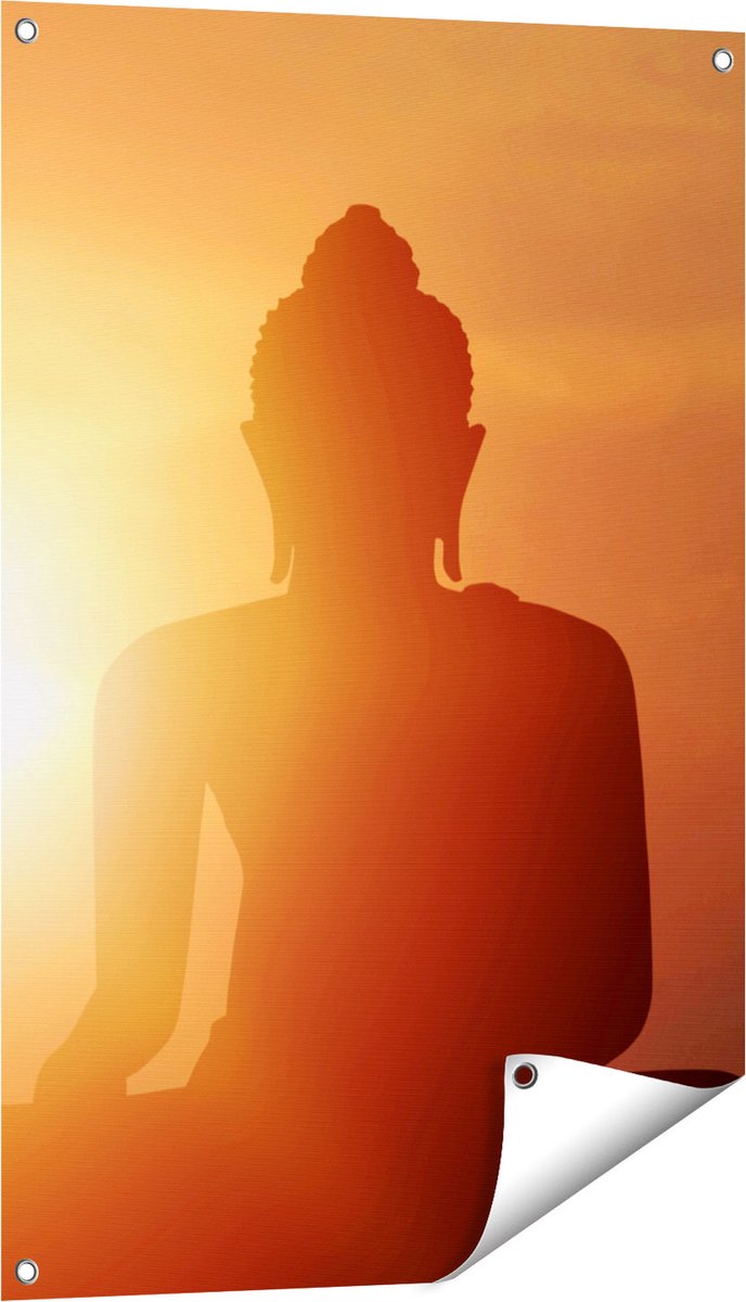 Gards Tuinposter Silhouet van een Boeddha Beeld met Zonsondergang - 60x90 cm - Tuindoek - Tuindecoratie - Wanddecoratie buiten - Tuinschilderij Multikleur