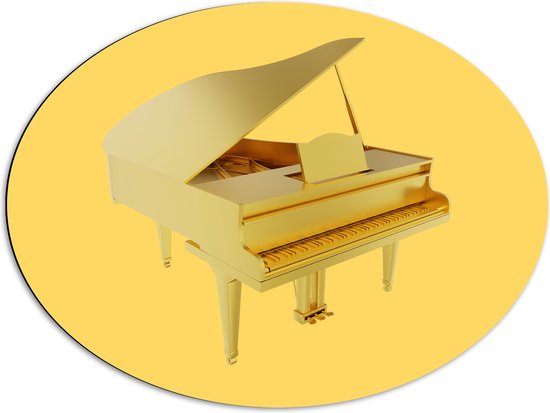 Dibond Ovaal - Gelen Vleugel Piano tegen Gele Achtergrond - 80x60 cm Foto op Ovaal (Met Ophangsysteem)