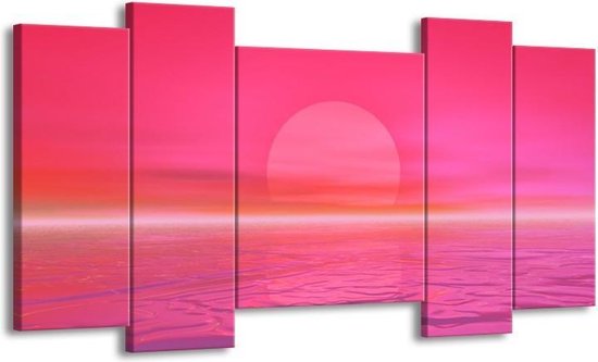 GroepArt - Schilderij - Zonsondergang - Roze, Wit - 120x65 5Luik - Foto Op Canvas - GroepArt 6000+ Schilderijen 0p Canvas Art Collectie - Wanddecoratie