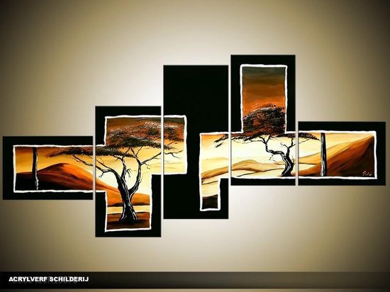 Acryl Schilderij Natuur | Bruin, Geel, Zwart | 150x70cm 5Luik Handgeschilderd